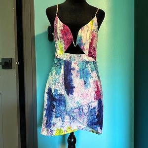 Angel Biba watercolor asymmetrical boned mini dress neon spaghetti strap 10
